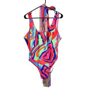 Colorful Abstract Print One-Piece Swimsuit w/ Matching Tie Skirt - Women’s 2XL